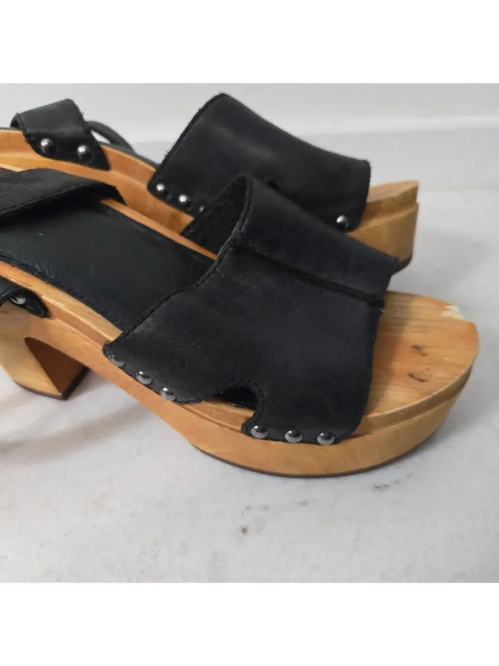 Frye Women's Size 9.5 Zelda Seam Black Leather Wooden Platform Sandals Chunky